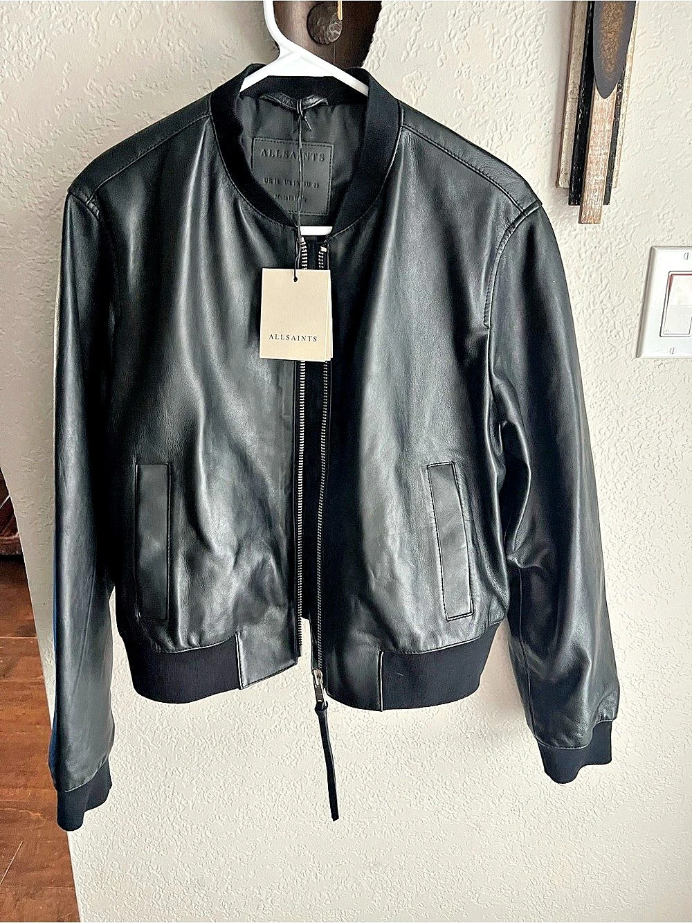 AllSaints Leather Bomber Jacket in Black Size 12